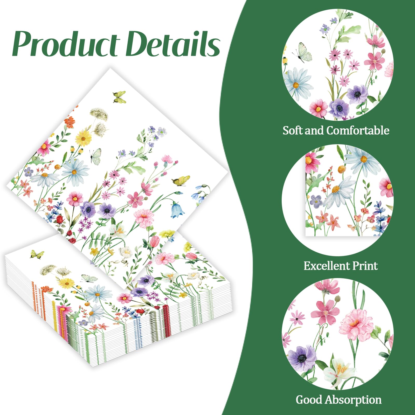 KFJBPB 50 Pcs Wildflower Napkins – 13x13 Floral Paper Napkins for Parties