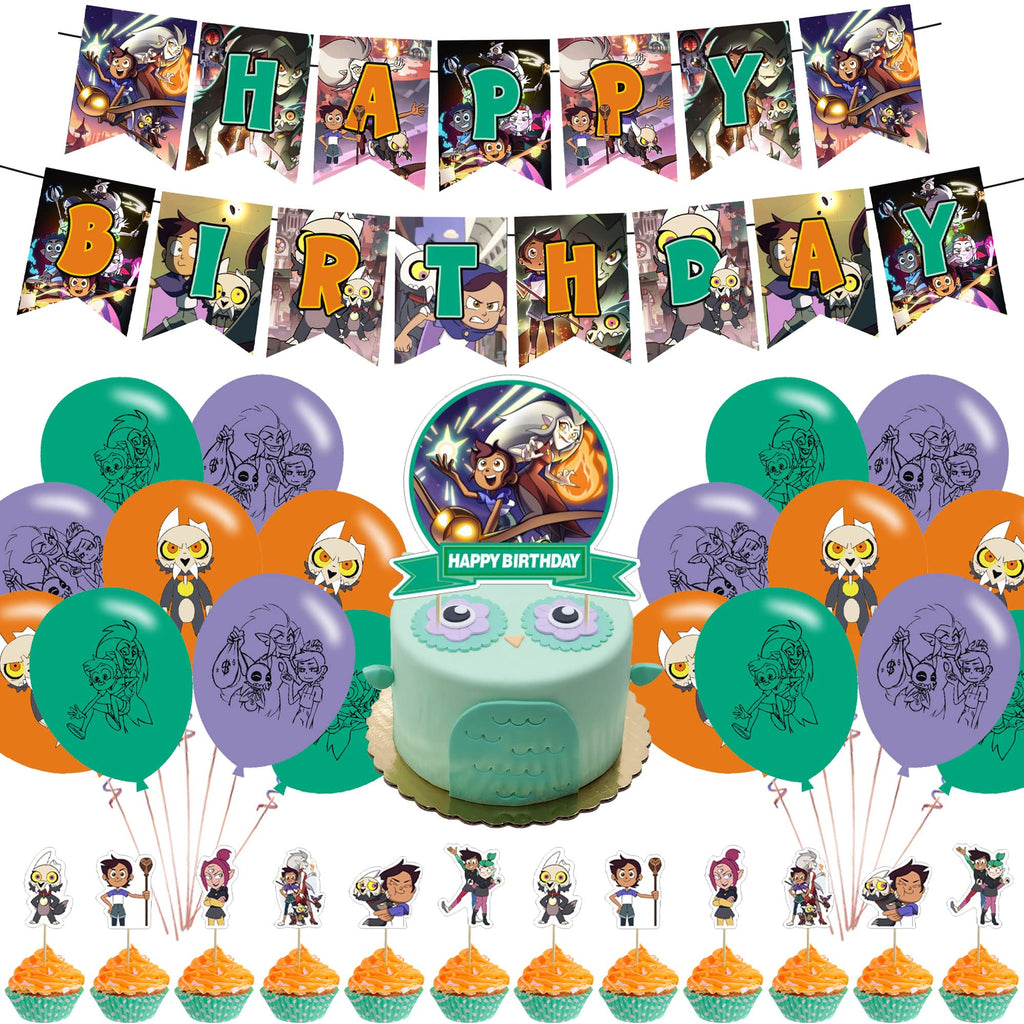 KGNZIUIZIU Owl House Birthday Party Decorations – Cartoon Theme Banner, Balloons, Cake Topper & Cupcake Toppers