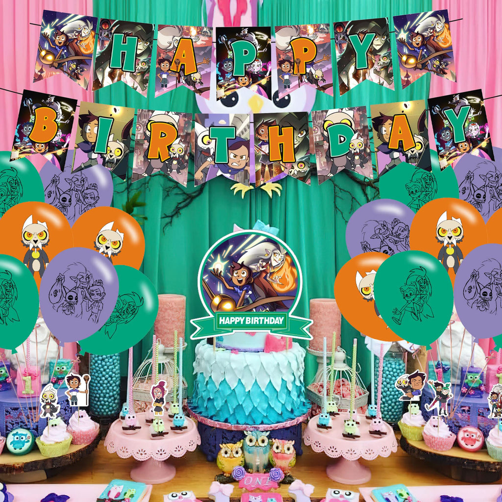 KGNZIUIZIU Owl House Birthday Party Decorations – Cartoon Theme Banner, Balloons, Cake Topper & Cupcake Toppers