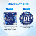 KHAIVI 16th Birthday Decorations – Blue & Silver Tableware, 20 Plates & Napkins