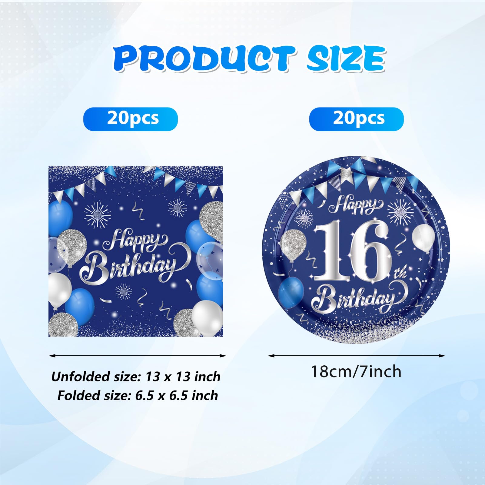 KHAIVI 16th Birthday Decorations – Blue & Silver Tableware, 20 Plates & Napkins