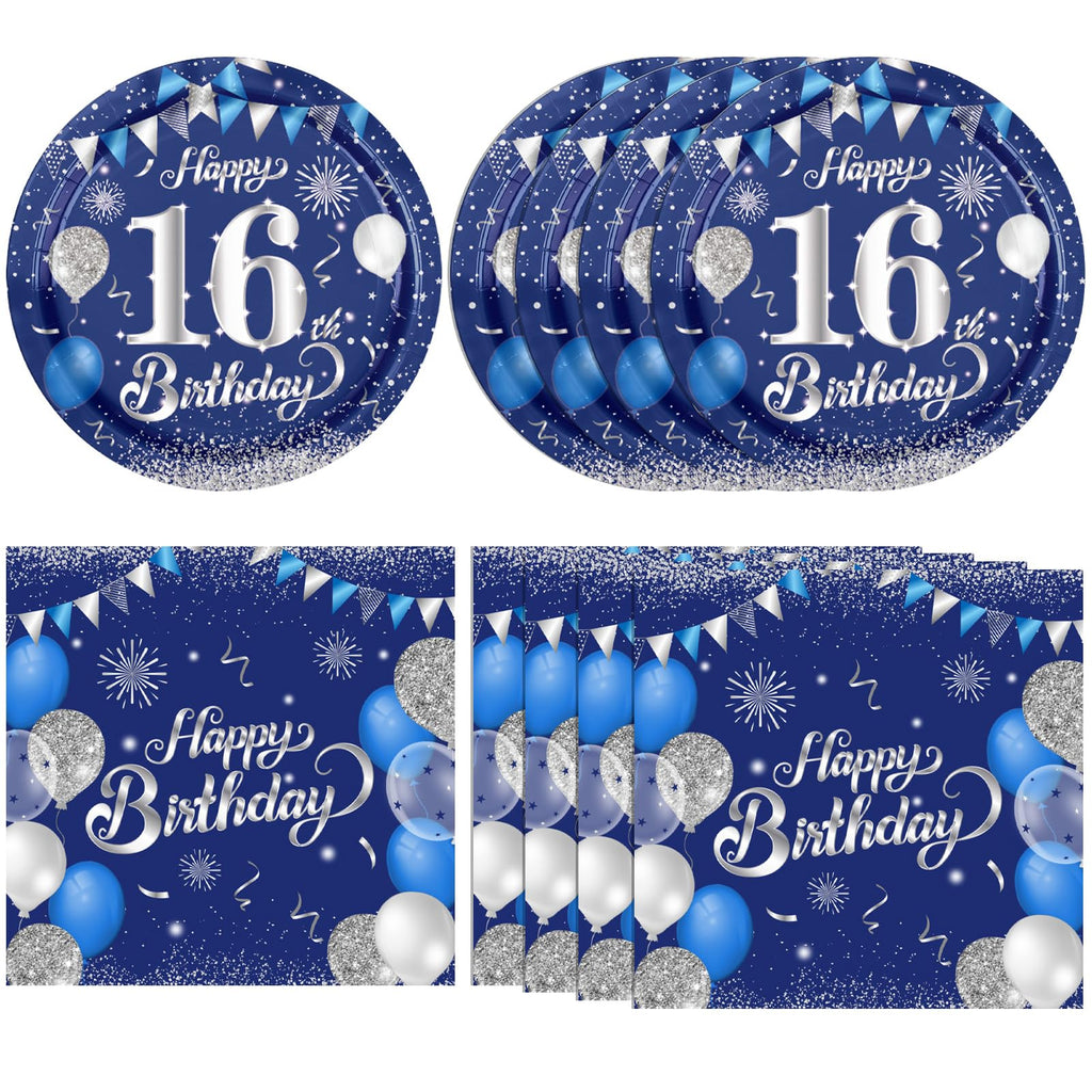 KHAIVI 16th Birthday Decorations – Blue & Silver Tableware, 20 Plates & Napkins