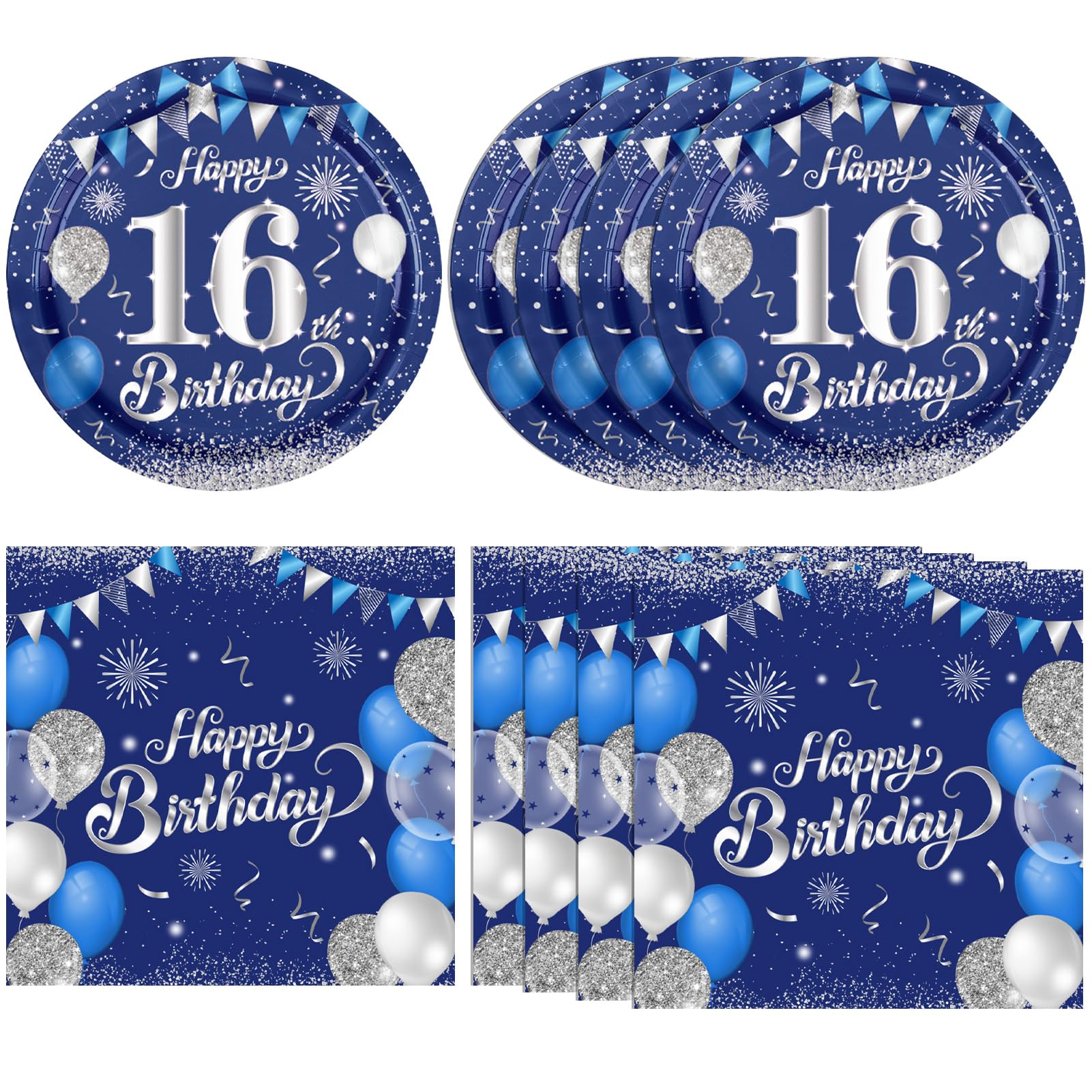 KHAIVI 16th Birthday Decorations – Blue & Silver Tableware, 20 Plates & Napkins
