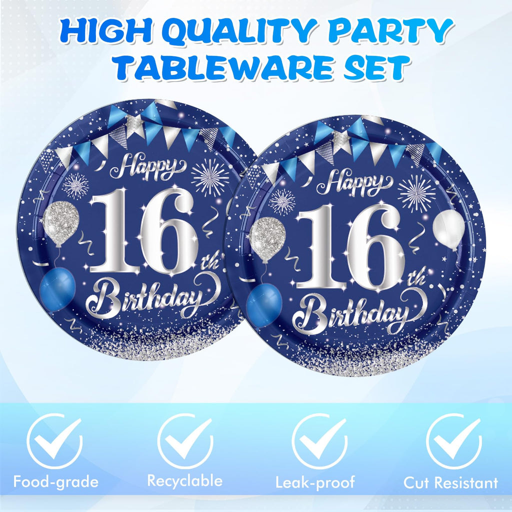 KHAIVI 16th Birthday Decorations – Blue & Silver Tableware, 20 Plates & Napkins