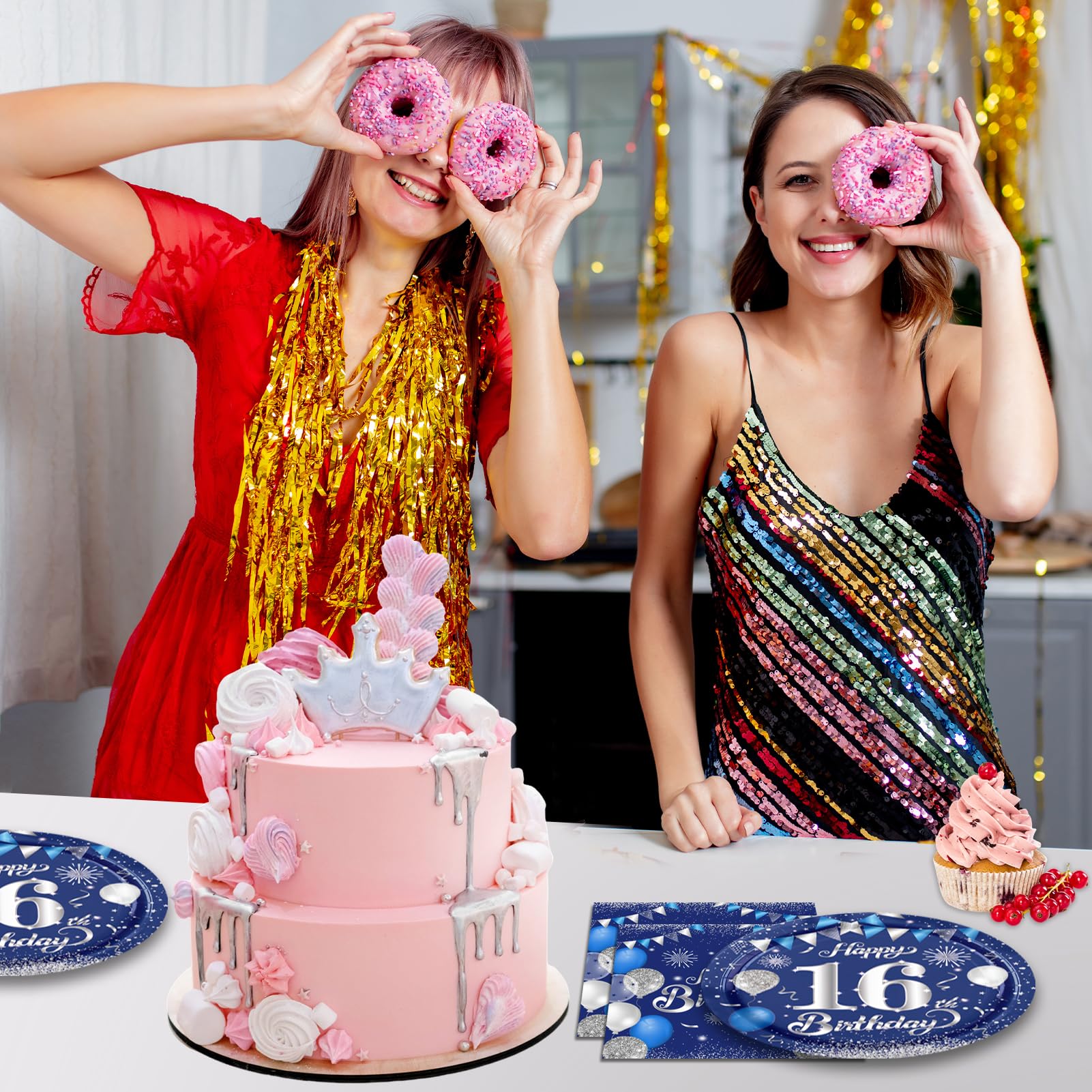 KHAIVI 16th Birthday Decorations – Blue & Silver Tableware, 20 Plates & Napkins