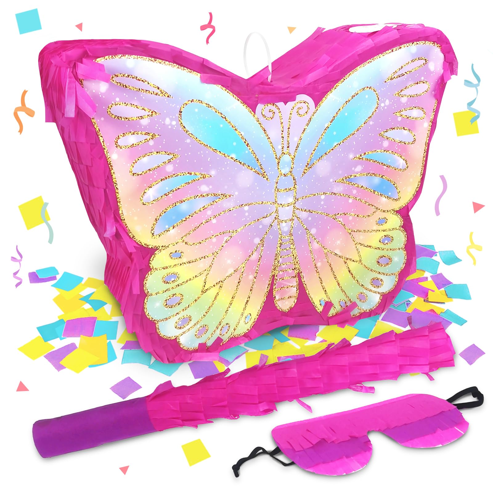 KiDEPOCH Butterfly Piñata – Colorful Birthday Party Decoration with Stick & Blindfold (16 x 12.6 x 4.2 in)