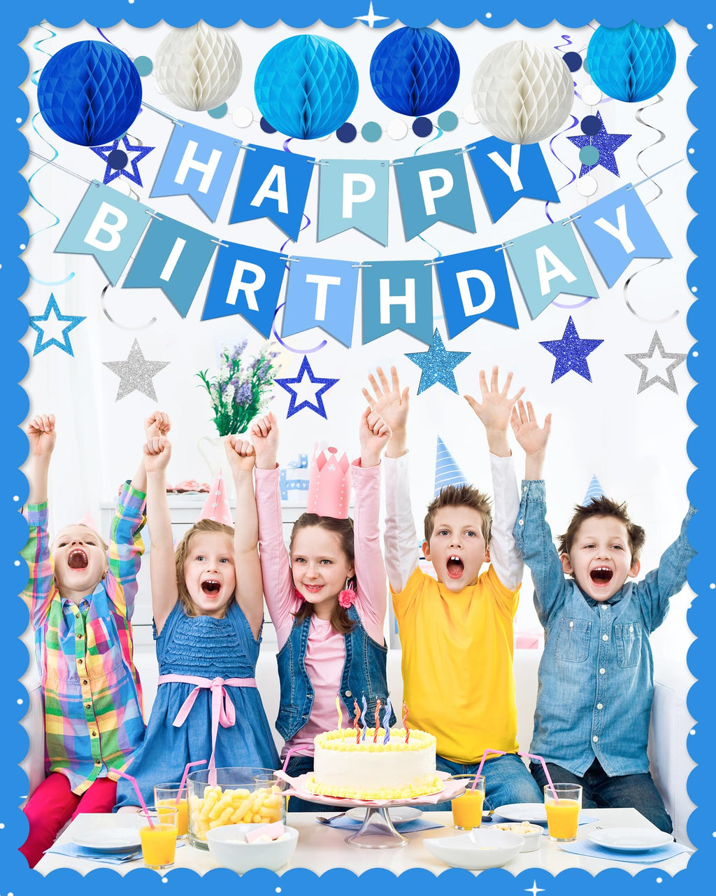 Kidific Blue Happy Birthday Decorations — Banner, Honeycomb Balls, Star Swirl Streamers, Dots Garland