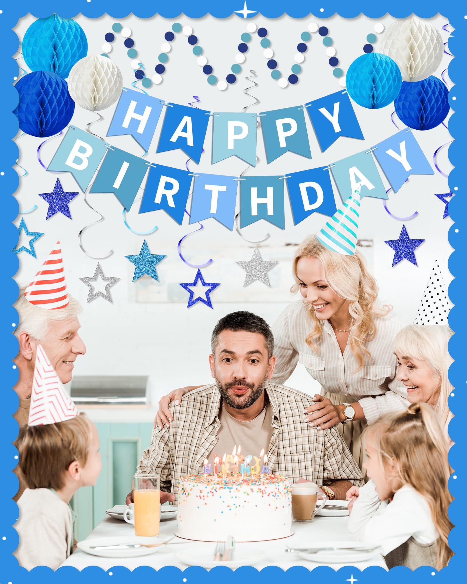 Kidific Blue Happy Birthday Decorations — Banner, Honeycomb Balls, Star Swirl Streamers, Dots Garland