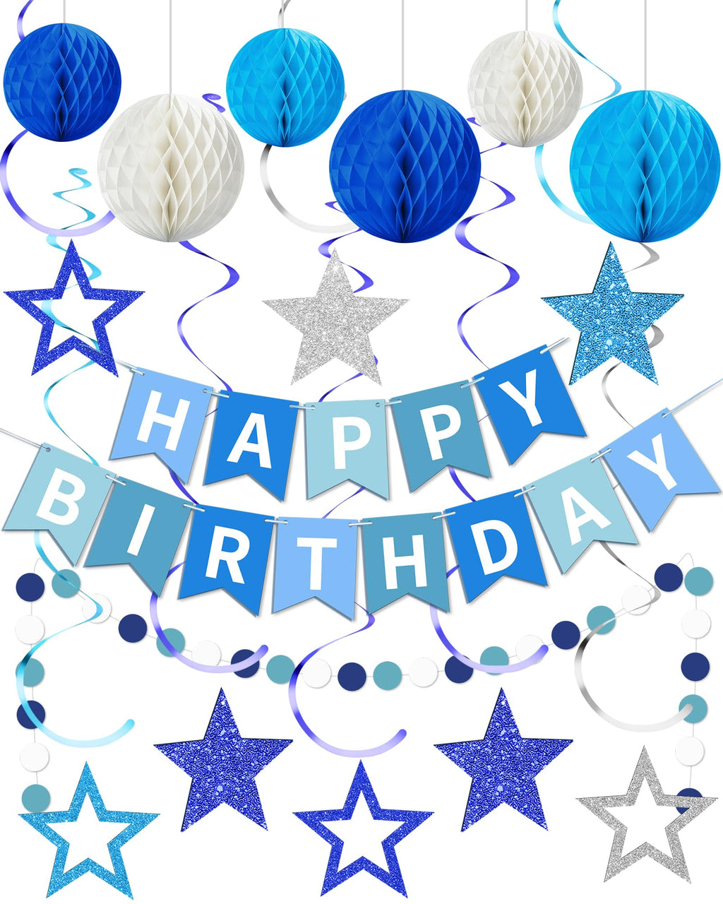 Kidific Blue Happy Birthday Decorations — Banner, Honeycomb Balls, Star Swirl Streamers, Dots Garland