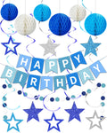 Kidific Blue Happy Birthday Decorations — Banner, Honeycomb Balls, Star Swirl Streamers, Dots Garland