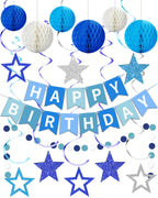 Kidific Blue Happy Birthday Decorations — Banner, Honeycomb Balls, Star Swirl Streamers, Dots Garland