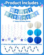 Kidific Blue Happy Birthday Decorations — Banner, Honeycomb Balls, Star Swirl Streamers, Dots Garland