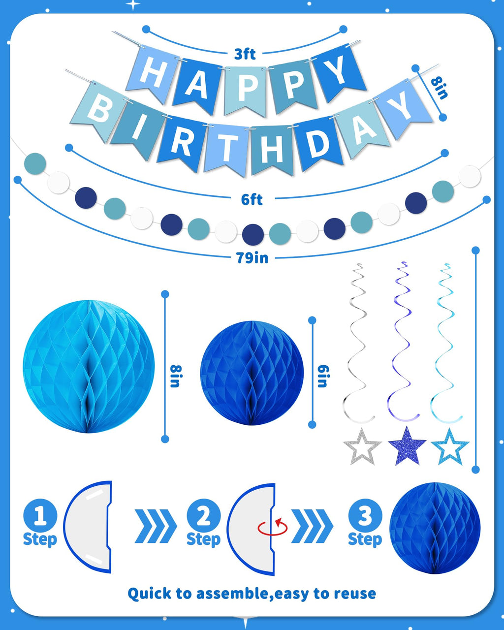 Kidific Blue Happy Birthday Decorations — Banner, Honeycomb Balls, Star Swirl Streamers, Dots Garland