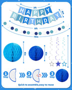 Kidific Blue Happy Birthday Decorations — Banner, Honeycomb Balls, Star Swirl Streamers, Dots Garland