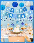 Kidific Blue Happy Birthday Decorations — Banner, Honeycomb Balls, Star Swirl Streamers, Dots Garland