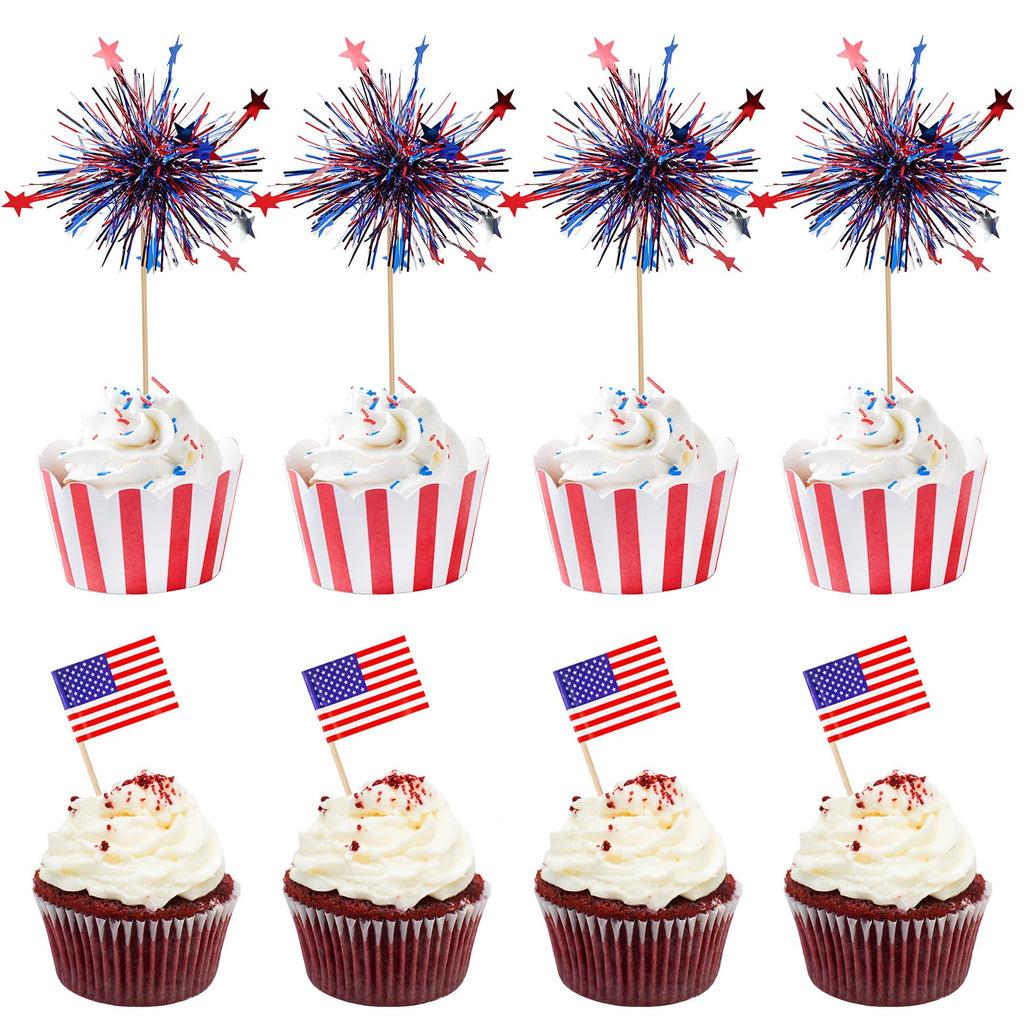 KIGEAPUEL 100Pcs American Flag & Firework Cupcake Toppers – 4th of July Party Decorations
