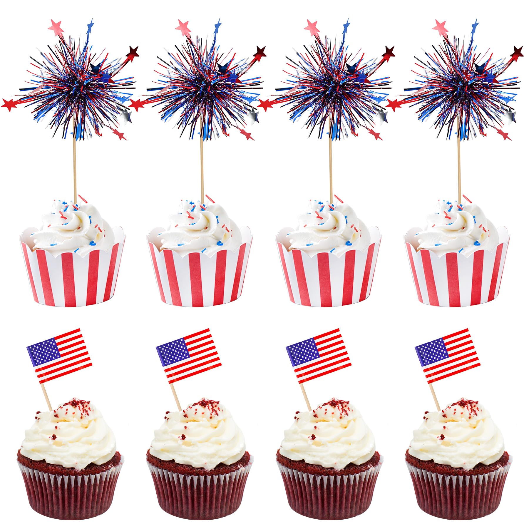 KIGEAPUEL 100Pcs American Flag & Firework Cupcake Toppers – 4th of July Party Decorations