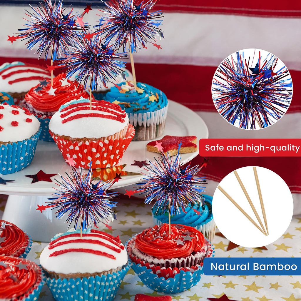 KIGEAPUEL 100Pcs American Flag & Firework Cupcake Toppers – 4th of July Party Decorations