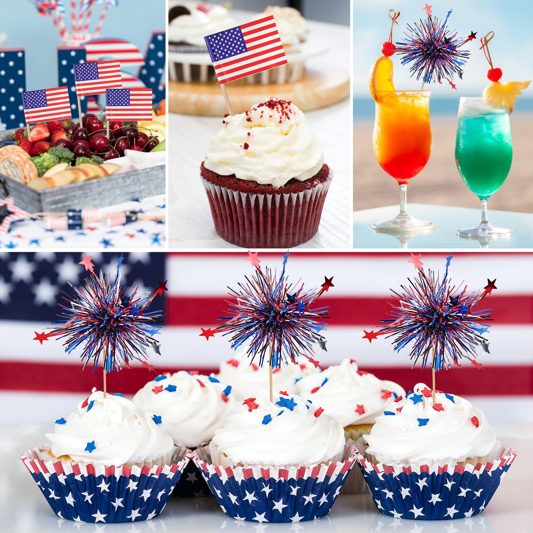 KIGEAPUEL 100Pcs American Flag & Firework Cupcake Toppers – 4th of July Party Decorations
