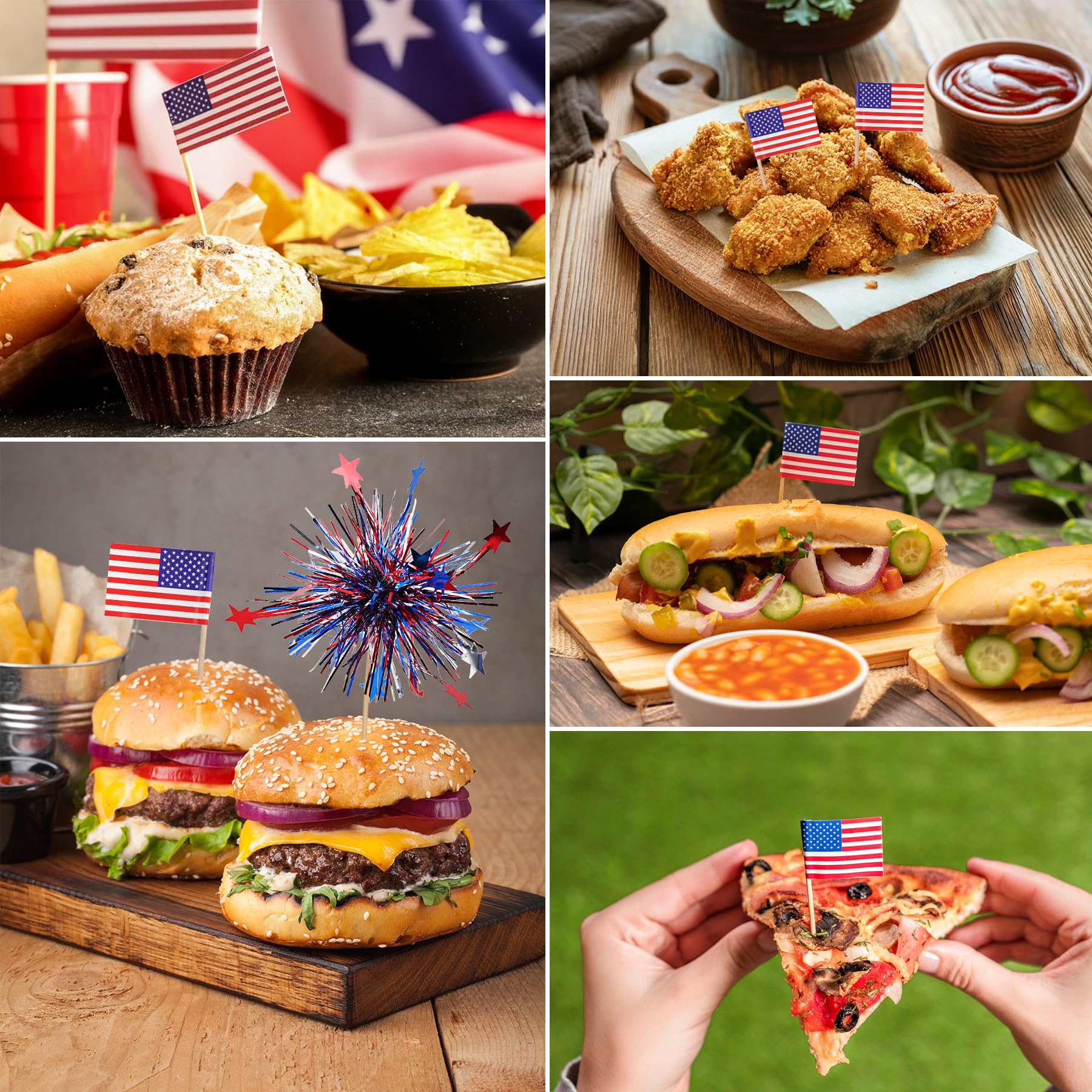 KIGEAPUEL 100Pcs American Flag & Firework Cupcake Toppers – 4th of July Party Decorations
