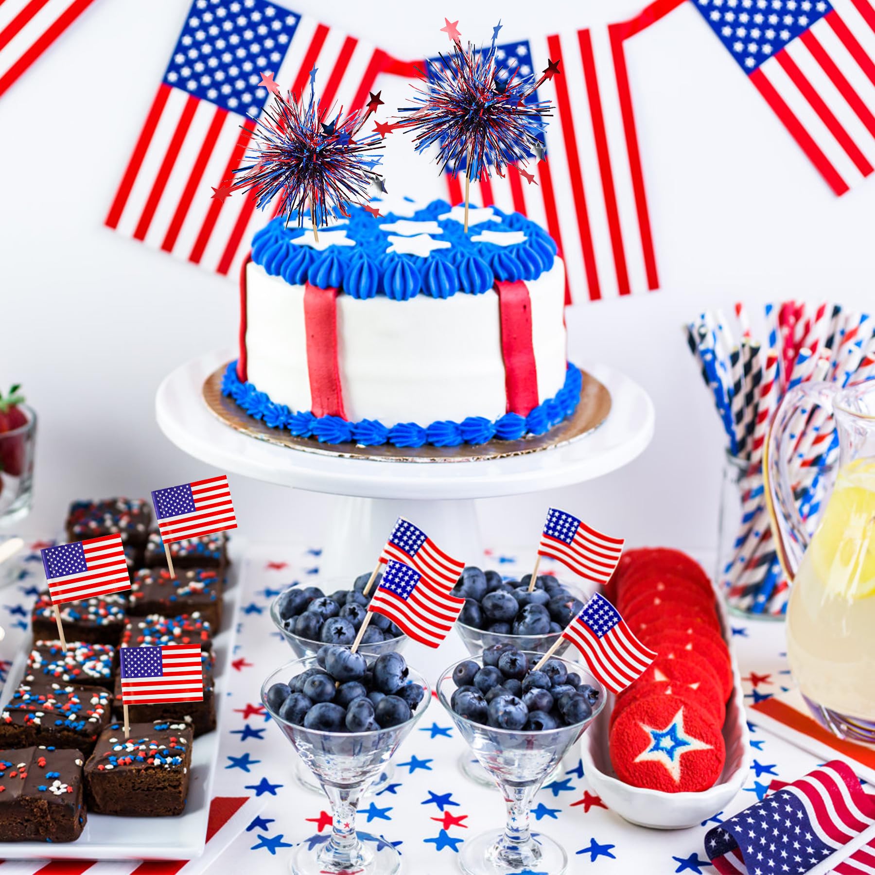 KIGEAPUEL 100Pcs American Flag & Firework Cupcake Toppers – 4th of July Party Decorations
