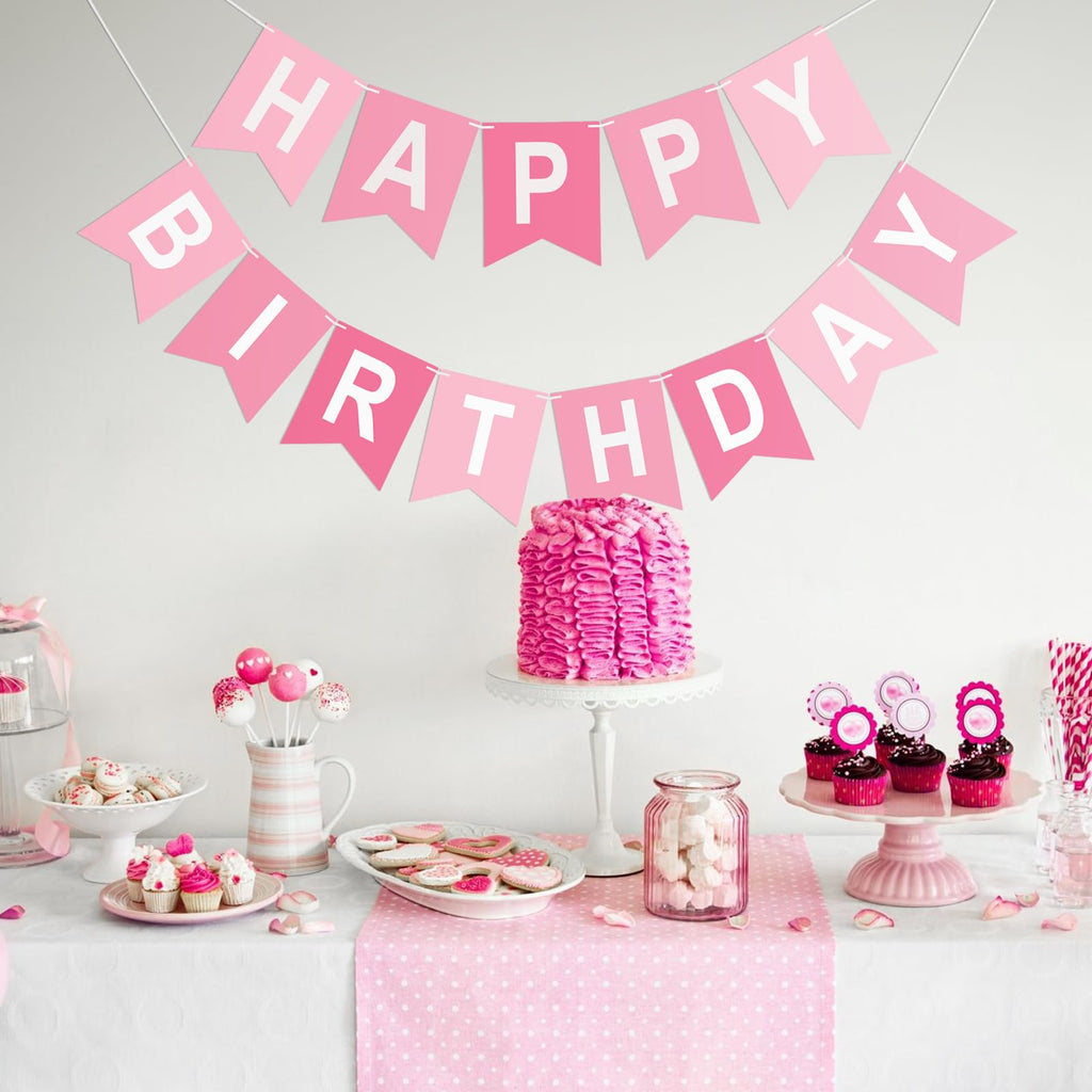 KINGLAKE GARDEN Pink Happy Birthday Banner – Pre-Strung 13-Letter Party Decor