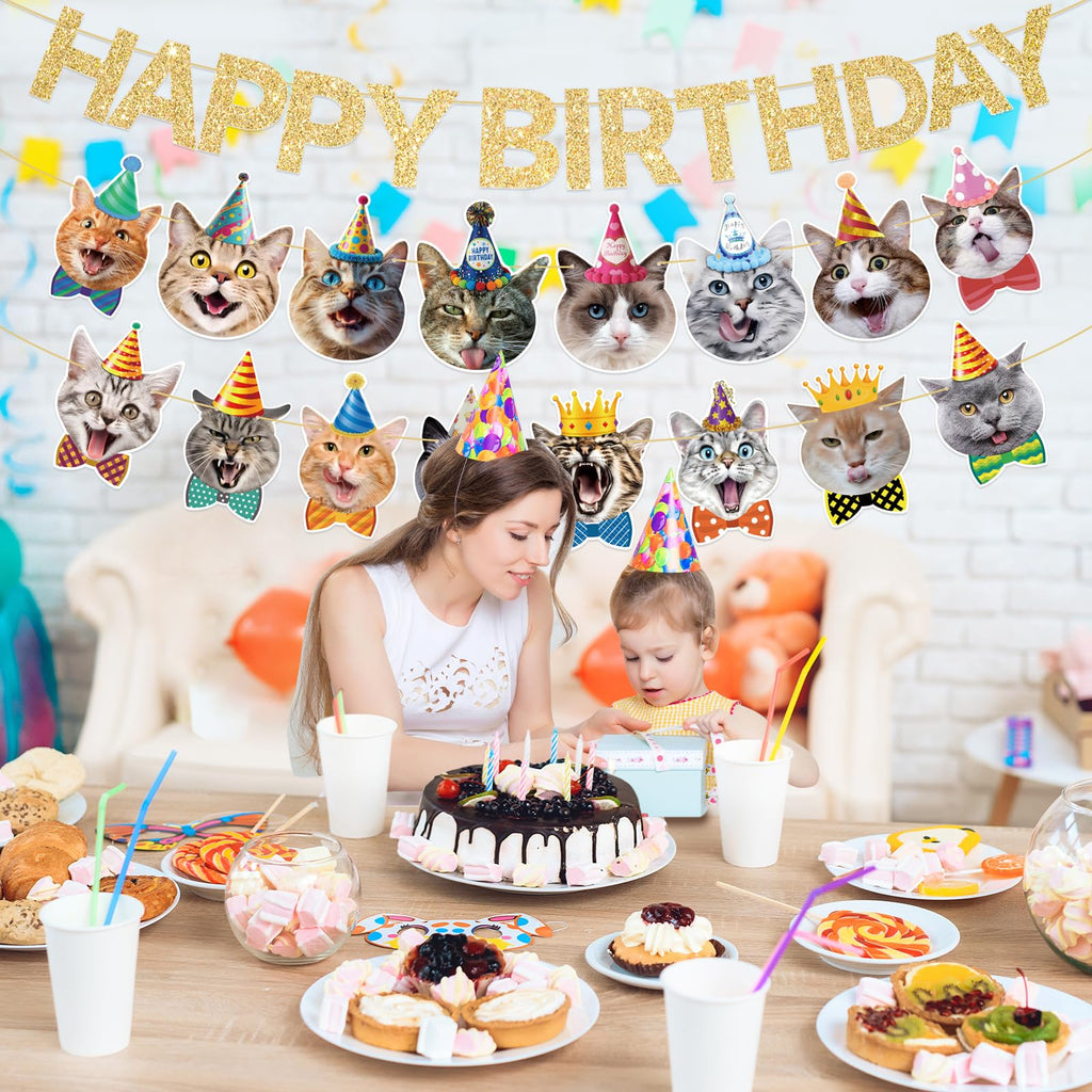 KingZone Cat Happy Birthday Banner - Cat Birthday Decorations for Kids, Boys & Girls