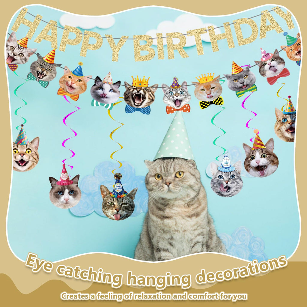 KINGZONE Cat Happy Birthday Banner - Cat Birthday Decorations & Party Decor