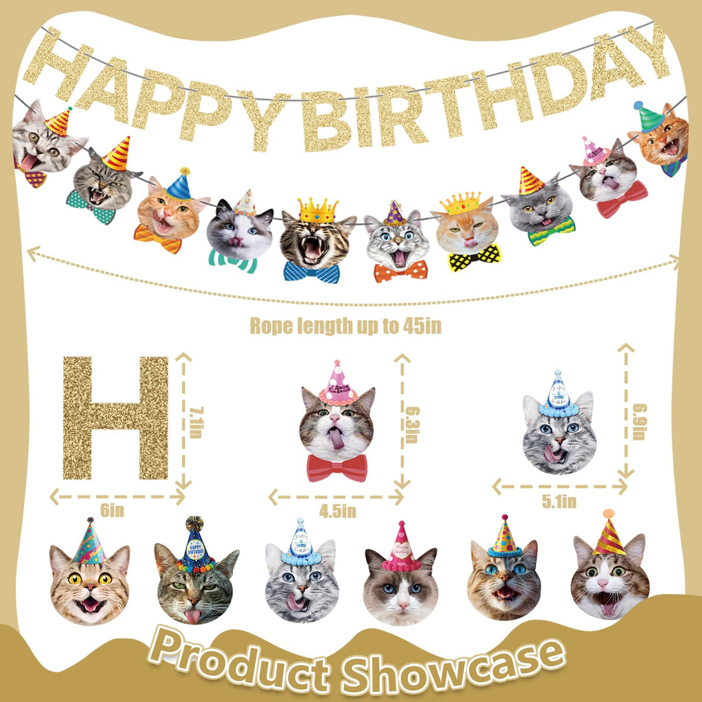 KINGZONE Cat Happy Birthday Banner - Cat Birthday Decorations & Party Decor