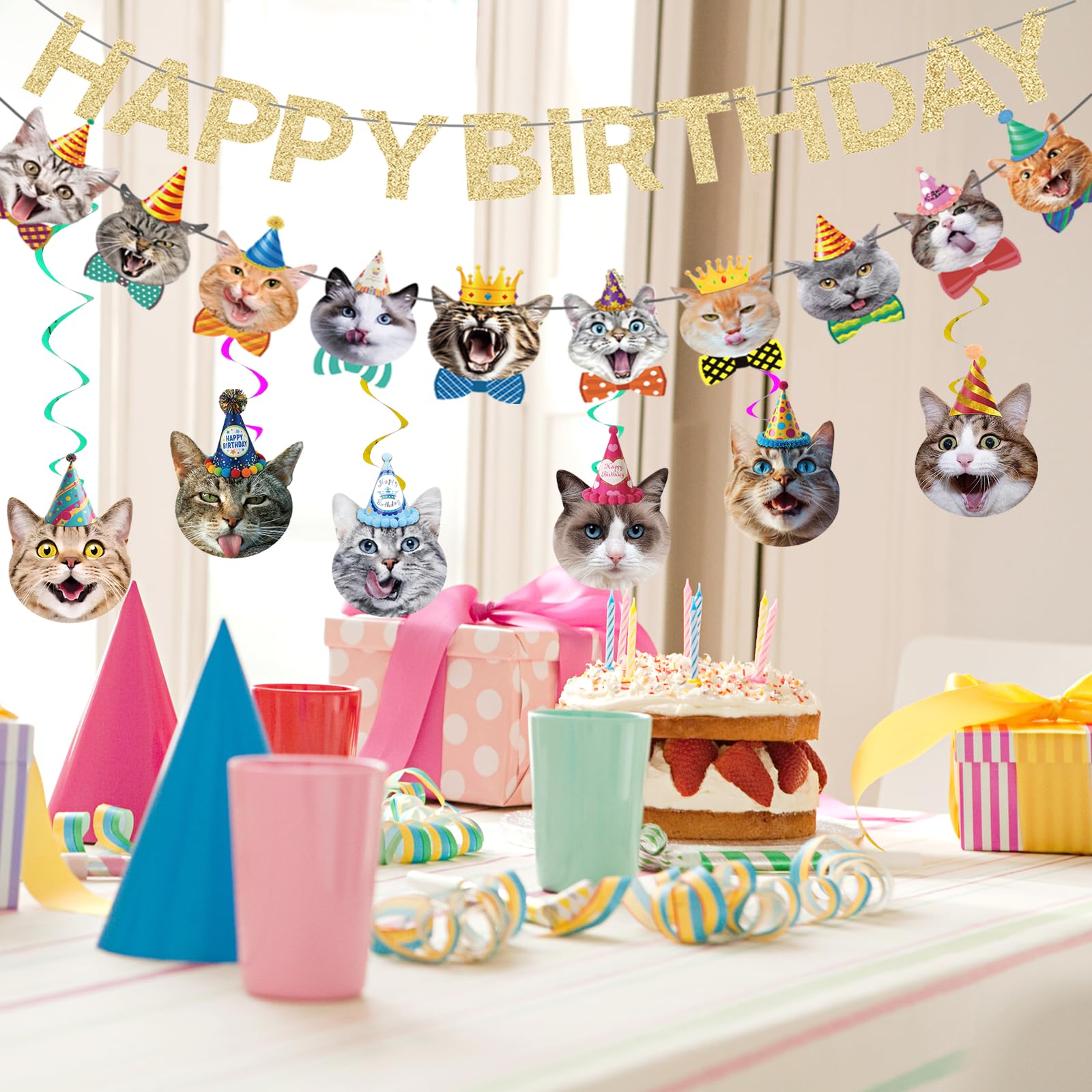 KINGZONE Cat Happy Birthday Banner - Cat Birthday Decorations & Party Decor