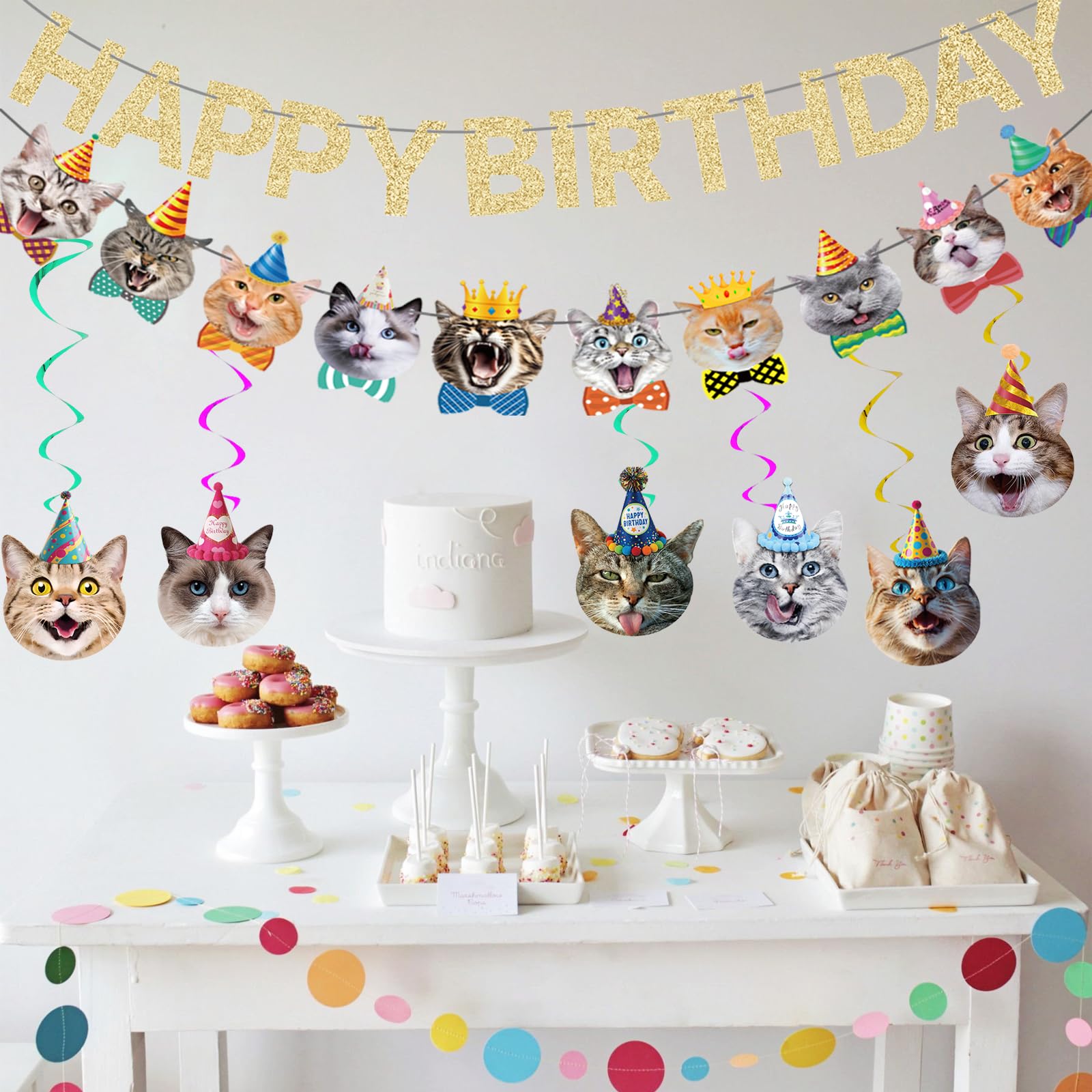 KINGZONE Cat Happy Birthday Banner - Cat Birthday Decorations & Party Decor