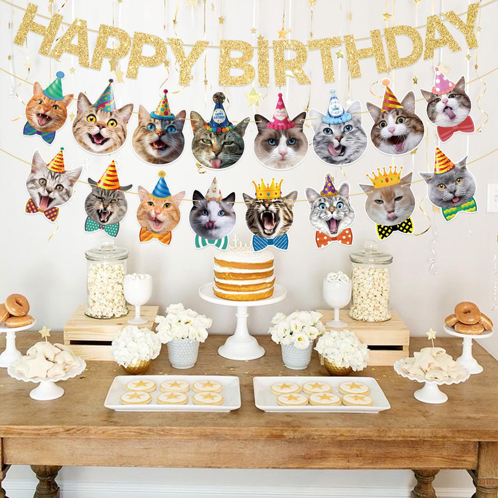 KingZone Cat Happy Birthday Banner - Cat Birthday Decorations for Kids, Boys & Girls