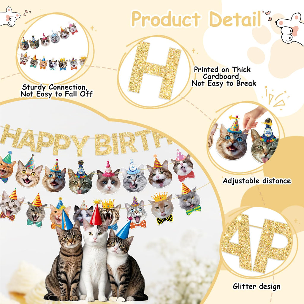KingZone Cat Happy Birthday Banner - Cat Birthday Decorations for Kids, Boys & Girls