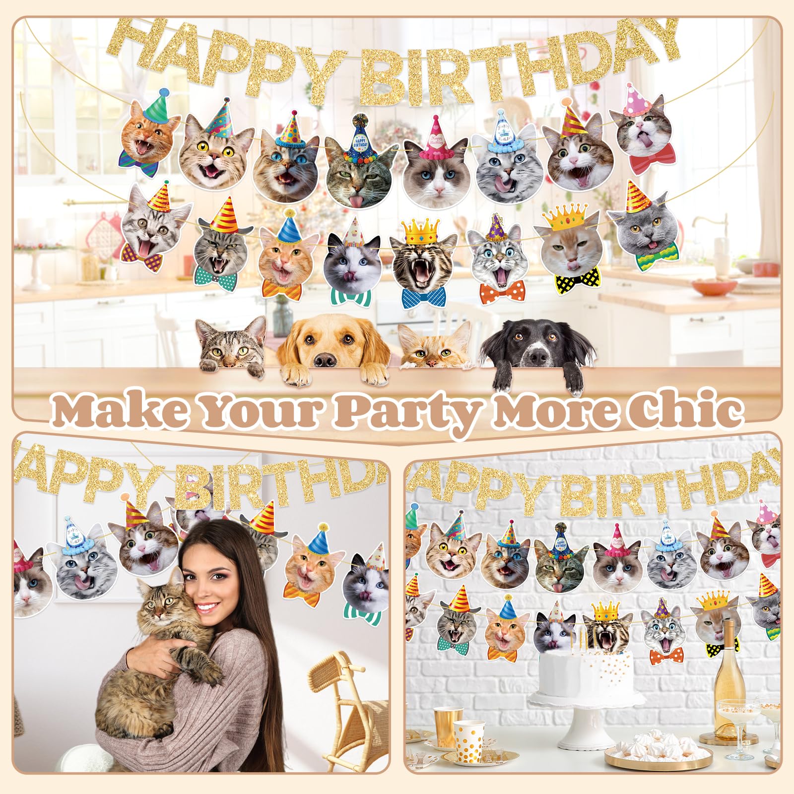 KingZone Cat Happy Birthday Banner - Cat Birthday Decorations for Kids, Boys & Girls