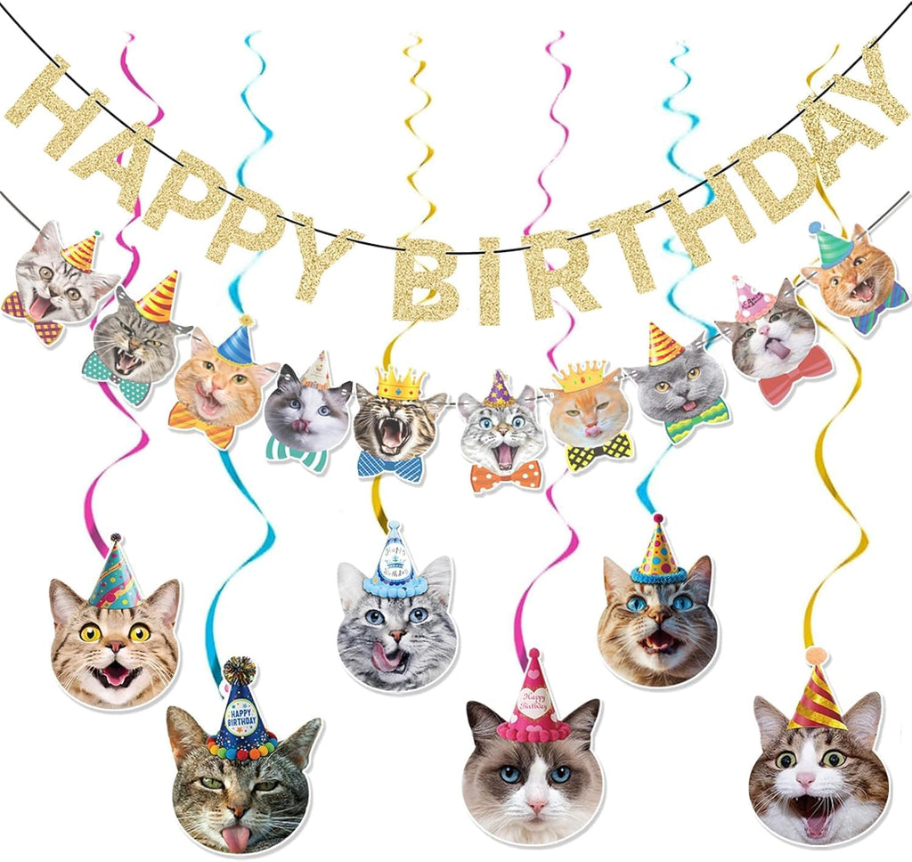 KINGZONE Cat Happy Birthday Banner - Cat Birthday Decorations & Party Decor