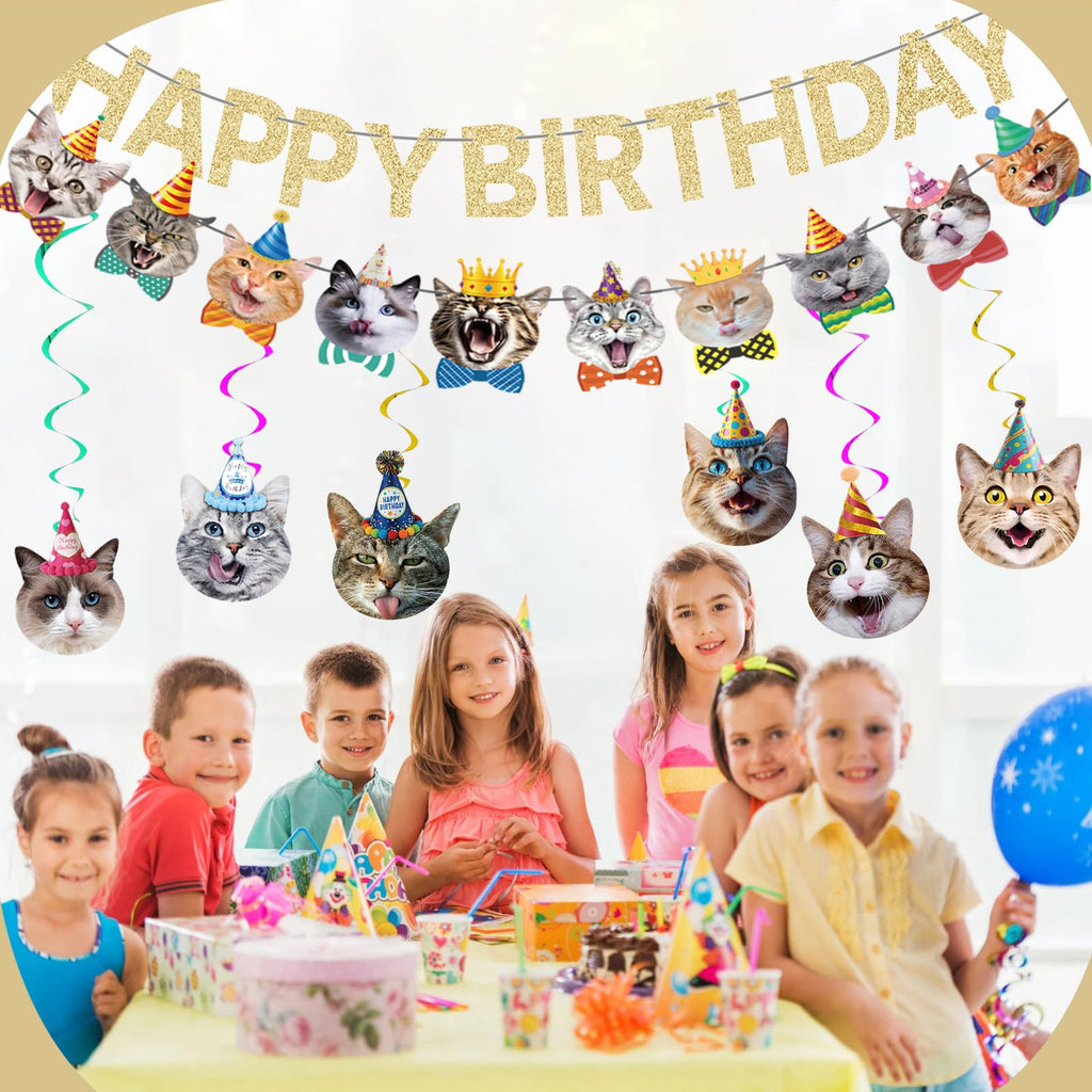 KINGZONE Cat Happy Birthday Banner - Cat Birthday Decorations & Party Decor