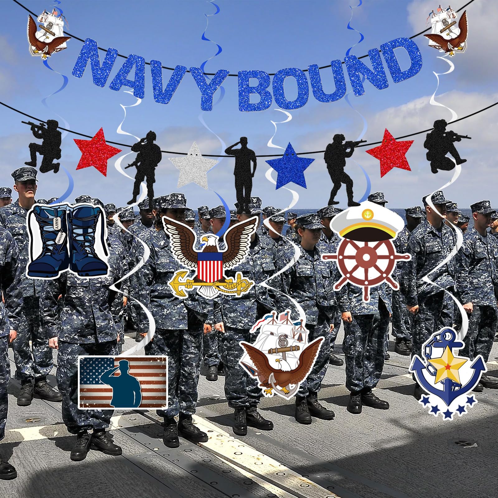 KINGZONE Glitter Navy Bound Banner & Army Party Decor – Military Theme Decorations