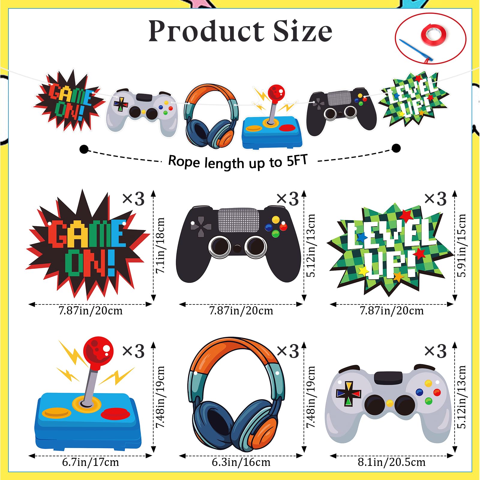 KINGZONE Video Game Happy Birthday Banner – Game On Controllers Party Decor for Kids