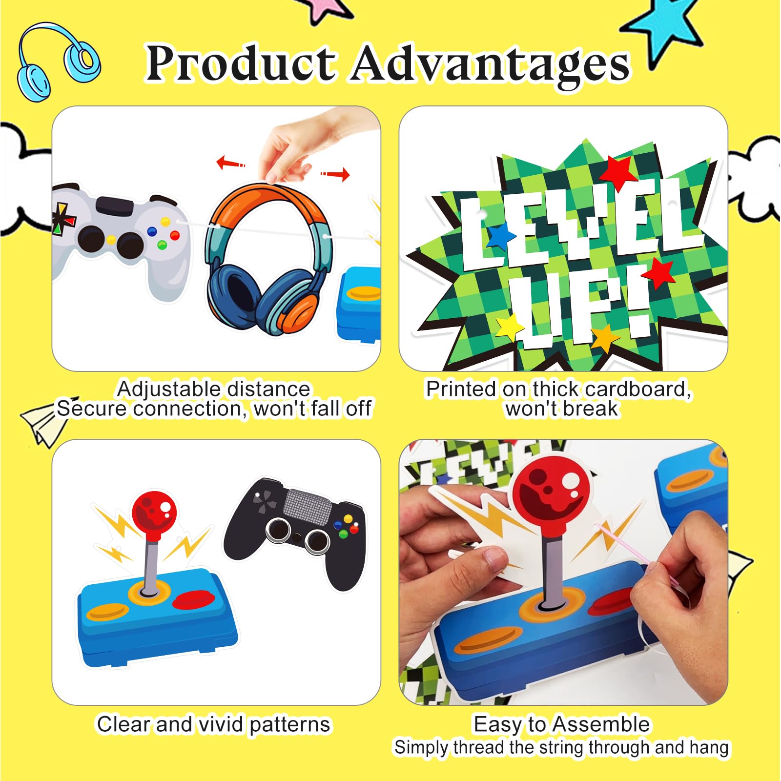 KINGZONE Video Game Happy Birthday Banner – Game On Controllers Party Decor for Kids