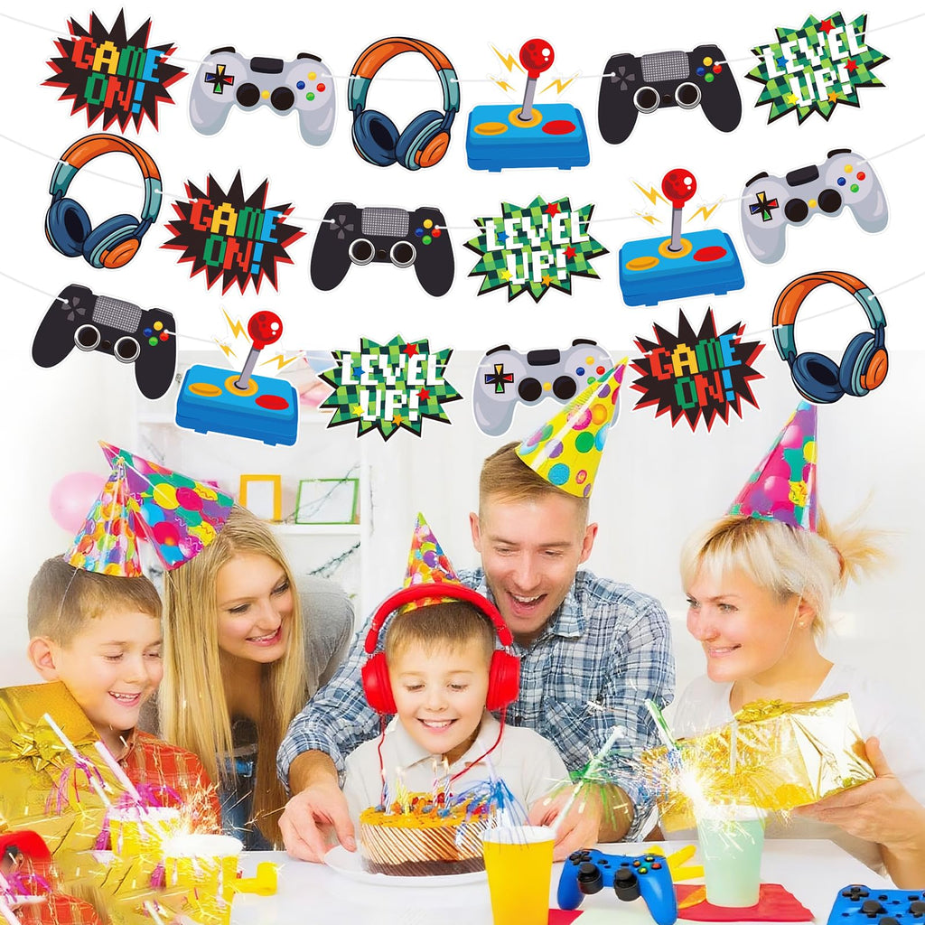KINGZONE Video Game Happy Birthday Banner – Game On Controllers Party Decor for Kids