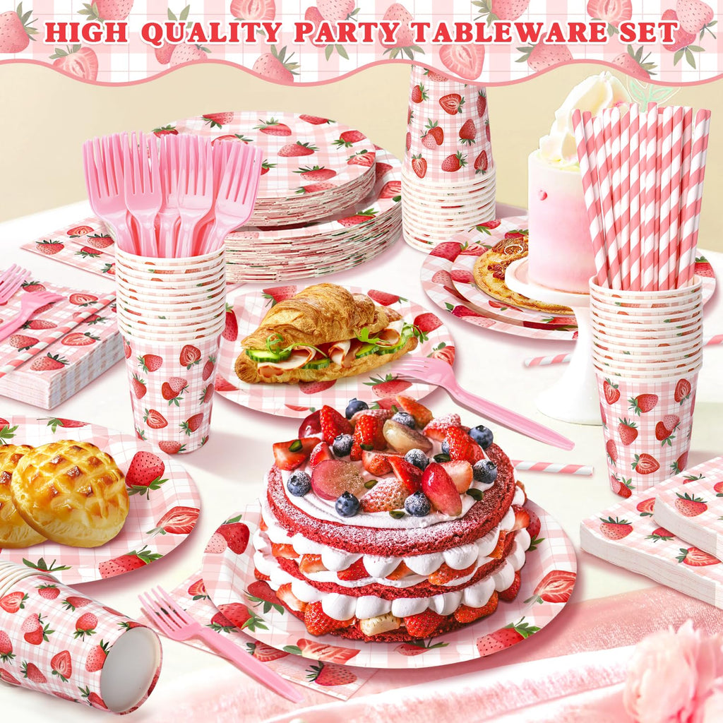 Kinovo Berry First Birthday Decor – 300 Pcs Strawberry Party Plates, Cups & Napkins (Serves 50)