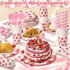 Kinovo Berry First Birthday Decor – 300 Pcs Strawberry Party Plates, Cups & Napkins (Serves 50)