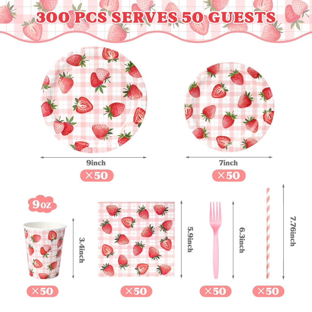 Kinovo Berry First Birthday Decor – 300 Pcs Strawberry Party Plates, Cups & Napkins (Serves 50)