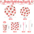 Kinovo Berry First Birthday Decor – 300 Pcs Strawberry Party Plates, Cups & Napkins (Serves 50)