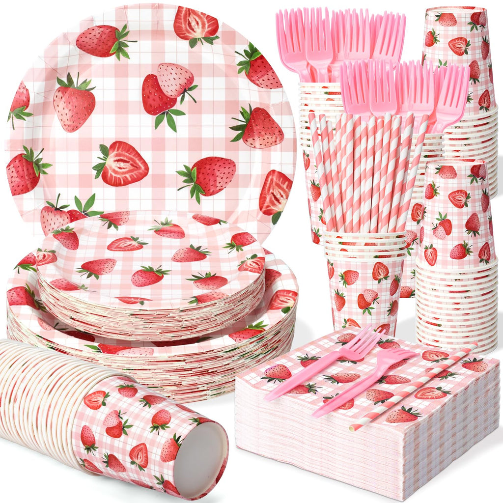 Kinovo Berry First Birthday Decor – 300 Pcs Strawberry Party Plates, Cups & Napkins (Serves 50)