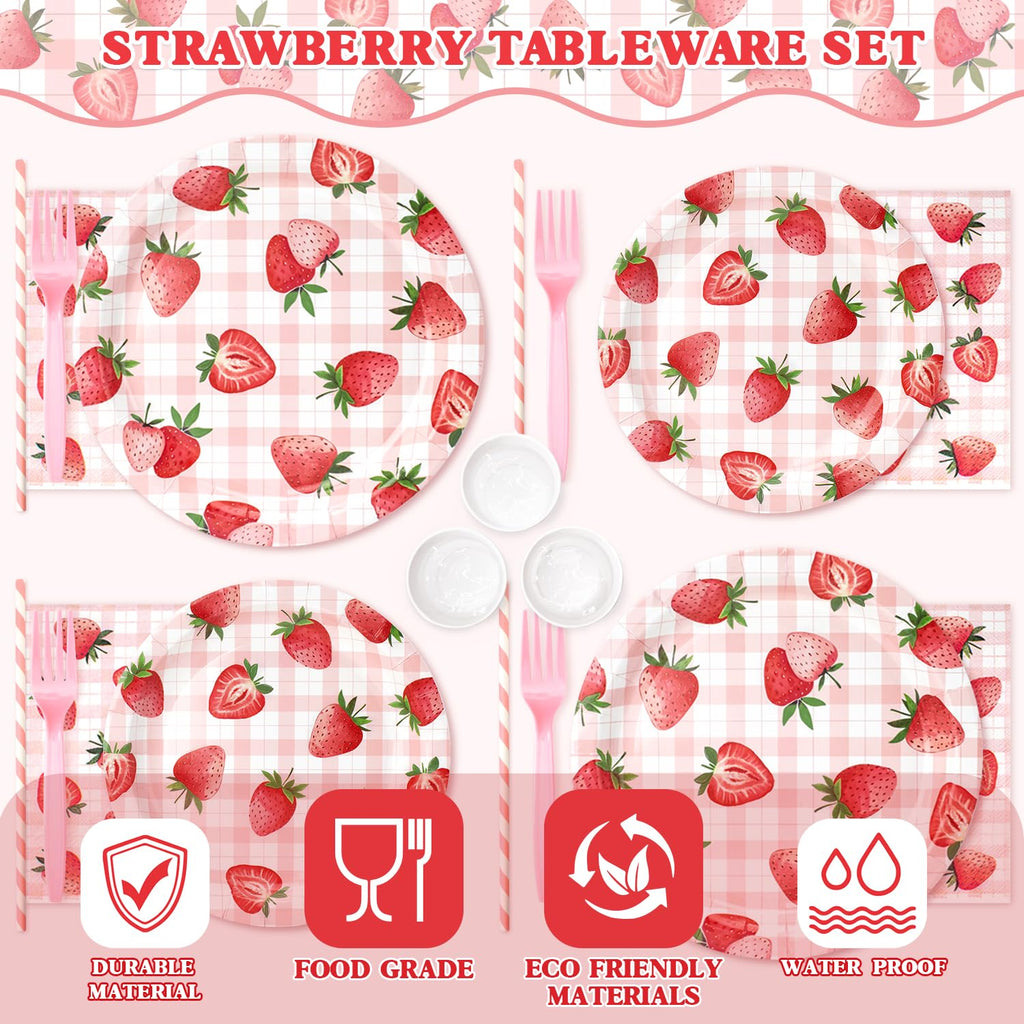 Kinovo Berry First Birthday Decor – 300 Pcs Strawberry Party Plates, Cups & Napkins (Serves 50)
