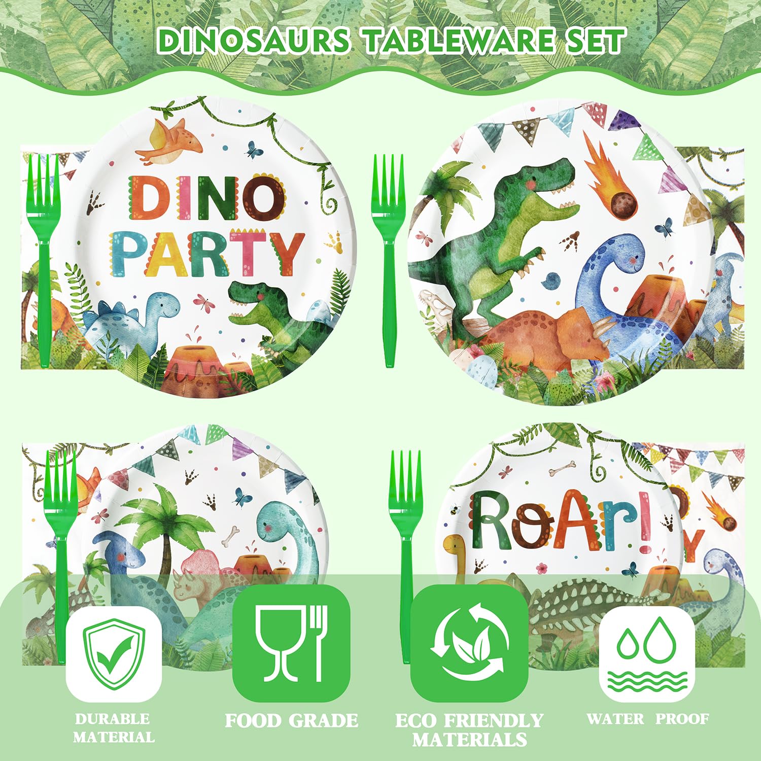 Kinovo 96 Pcs Dinosaur Plates & Napkins Tableware Set – Serves 24, Kids Birthday Party Supplies