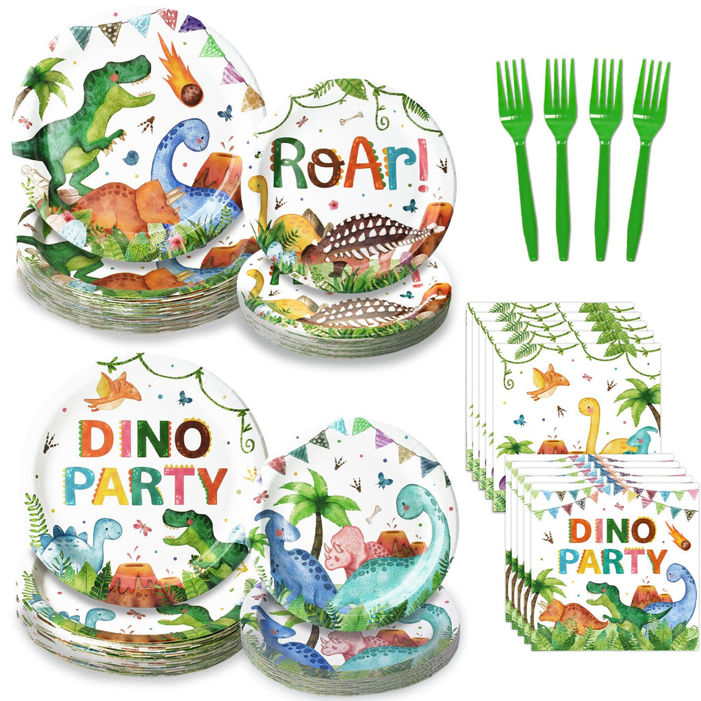 Kinovo 96 Pcs Dinosaur Plates & Napkins Tableware Set – Serves 24, Kids Birthday Party Supplies