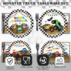 Kinovo 183Pcs Monster Truck Party Supplies – Plates, Napkins, Cups for 26 Guests