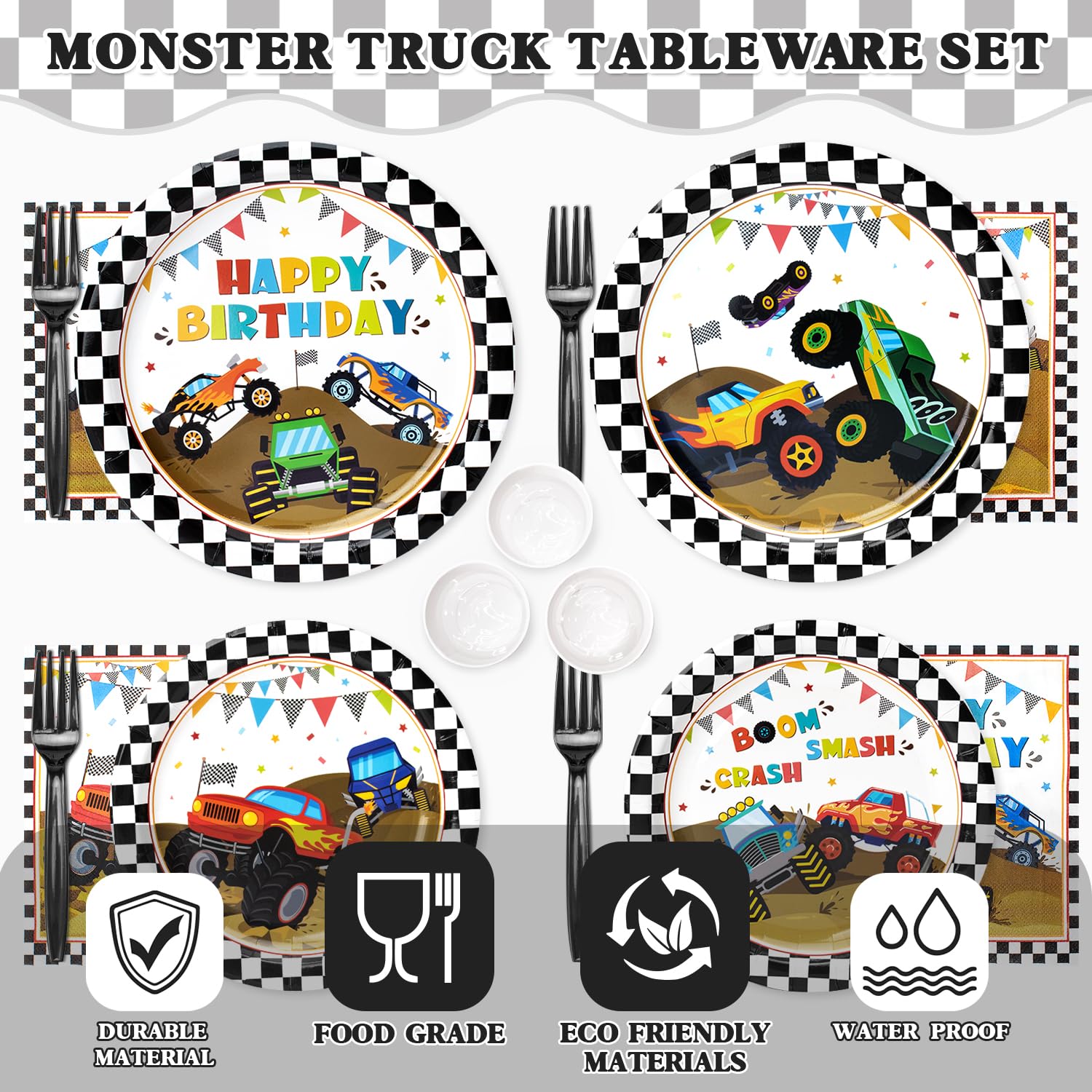 Kinovo 183Pcs Monster Truck Party Supplies – Plates, Napkins, Cups for 26 Guests